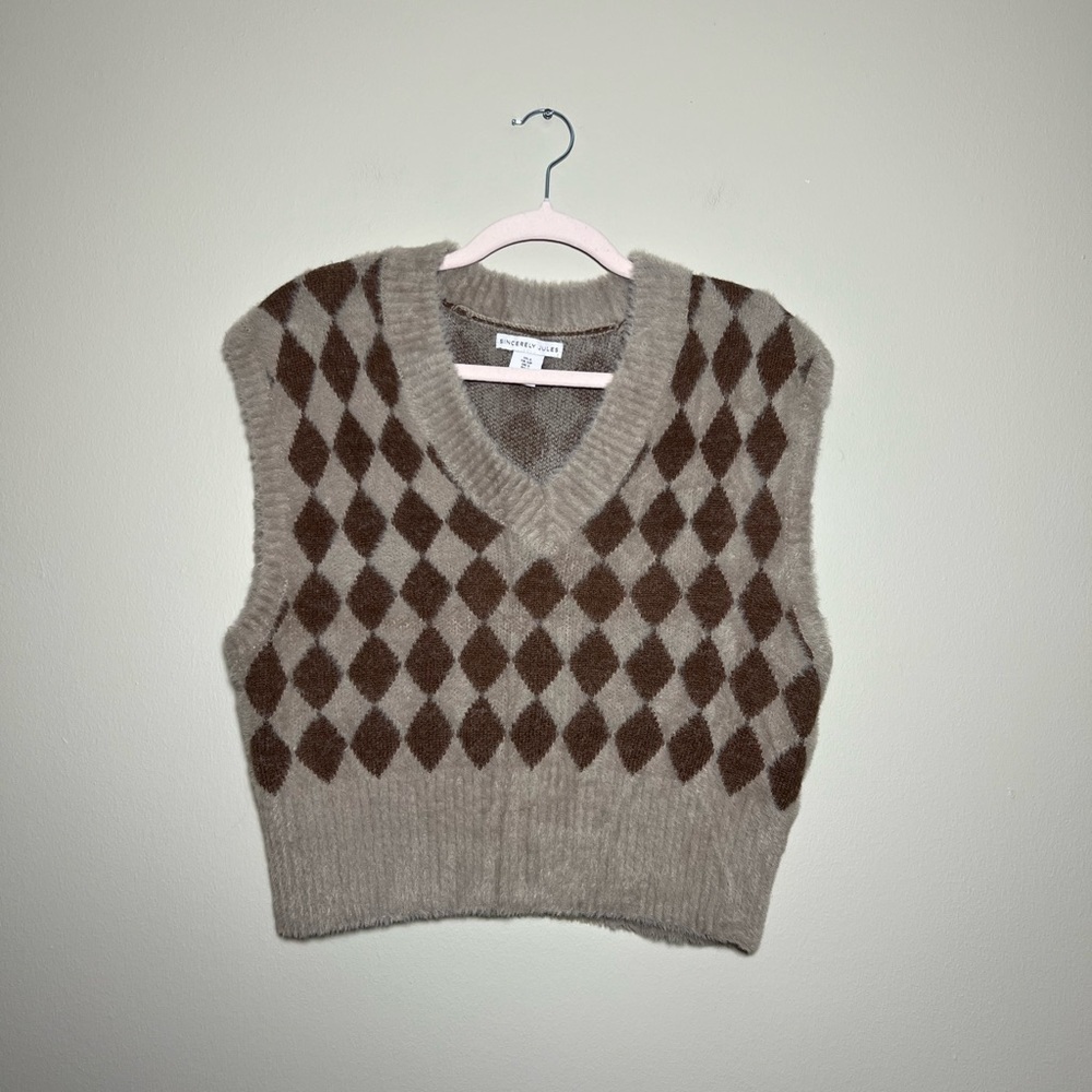 Sincerely Jules Argyle Print Fuzzy Sweater Vest